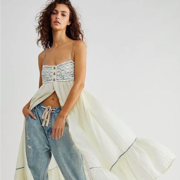 Free People Dresses & Skirts - Free People Linda Jo Midi Dress Ruffled Hem SmockTop Button Up Ivory Blue Green